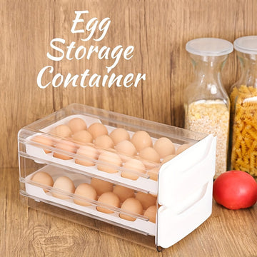2-layer stackable clear plastic egg holder with handles storing 36 eggs in refrigerator
