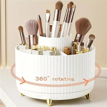 360 degree rotating makeup organizer with 5 compartments showing cosmetic storage