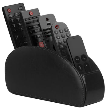 Black faux leather remote control holder with 5 compartments for TV and media remotes