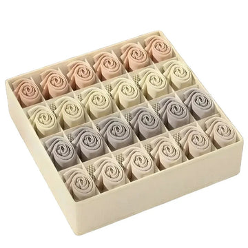 Drawer organizer boxes set showing compartments for underwear bra and sock storage