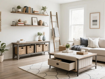 Modern living room showcasing functional home accessories including storage ottomans and multi-purpose furniture