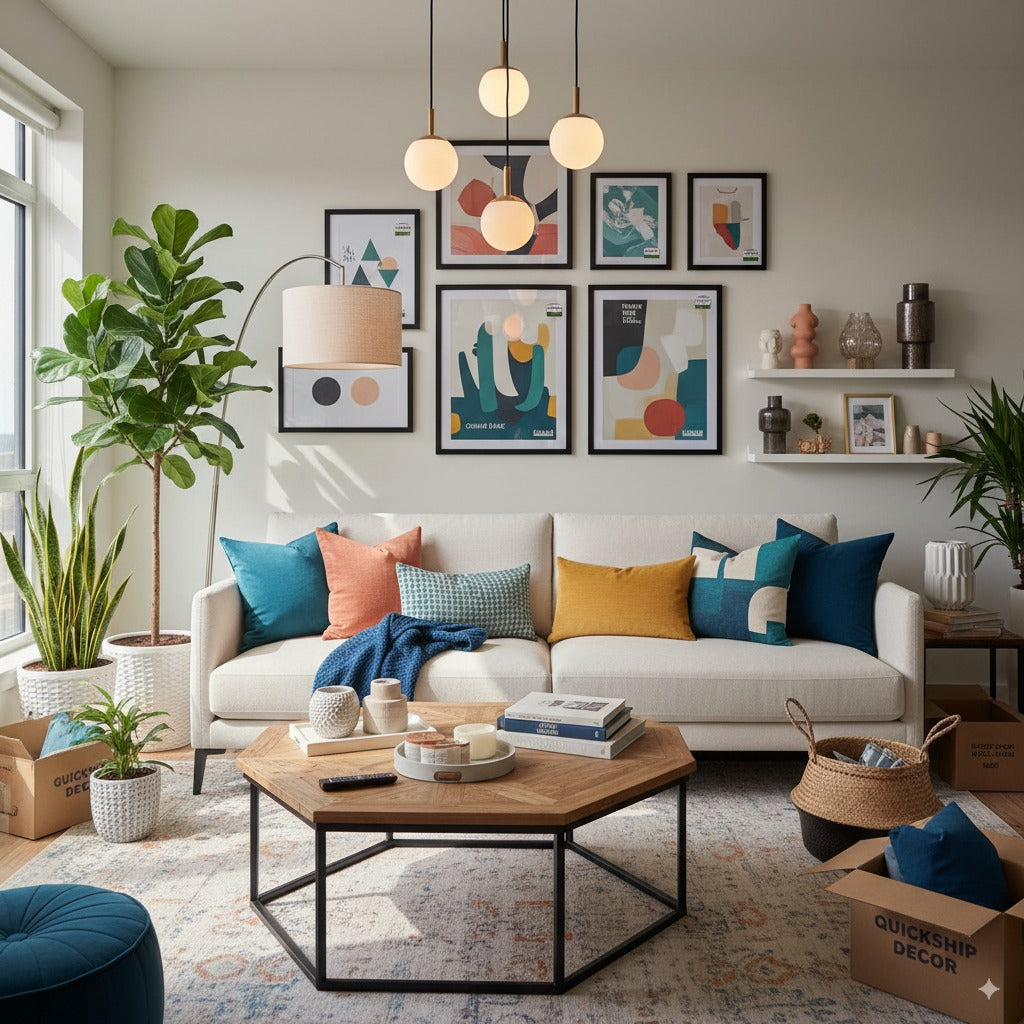 Modern living room featuring elegant home decor pieces purchased online including stylish furniture and accessories