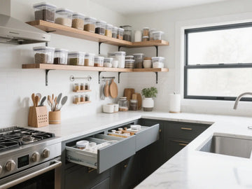 Modern kitchen featuring comprehensive storage solutions including containers, organizers, and space-saving accessories