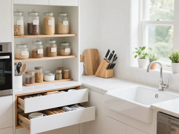 Modern organized kitchen featuring various kitchen organization tools and storage solutions