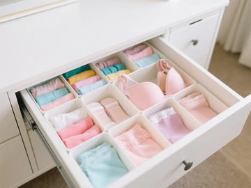 Beautifully organized underwear drawer with compartmentalized storage showing folded lingerie and undergarments