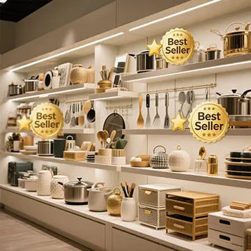 Best selling home products display with 5-star rating badges and customer favorite items including kitchen tools, storage solutions, and home decor accessories