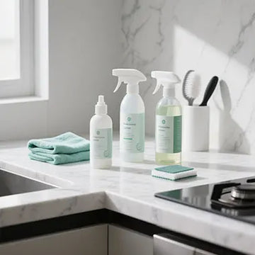 Professional cleaning supplies and eco-friendly household cleaners arranged on white marble countertop with microfiber cloths and spray bottles