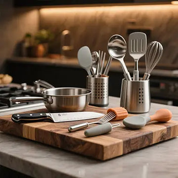 Professional kitchen tools and cooking utensils including chef knives, stainless steel spatulas, and silicone cooking tools on wooden cutting board