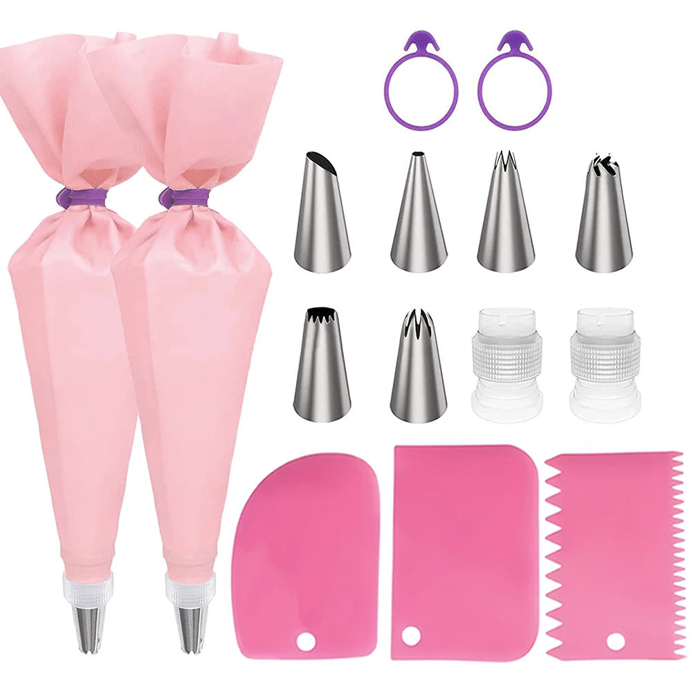 15-Piece Professional Silicone & Stainless Steel Cake Decorating Set - Icing Nozzles & Bags