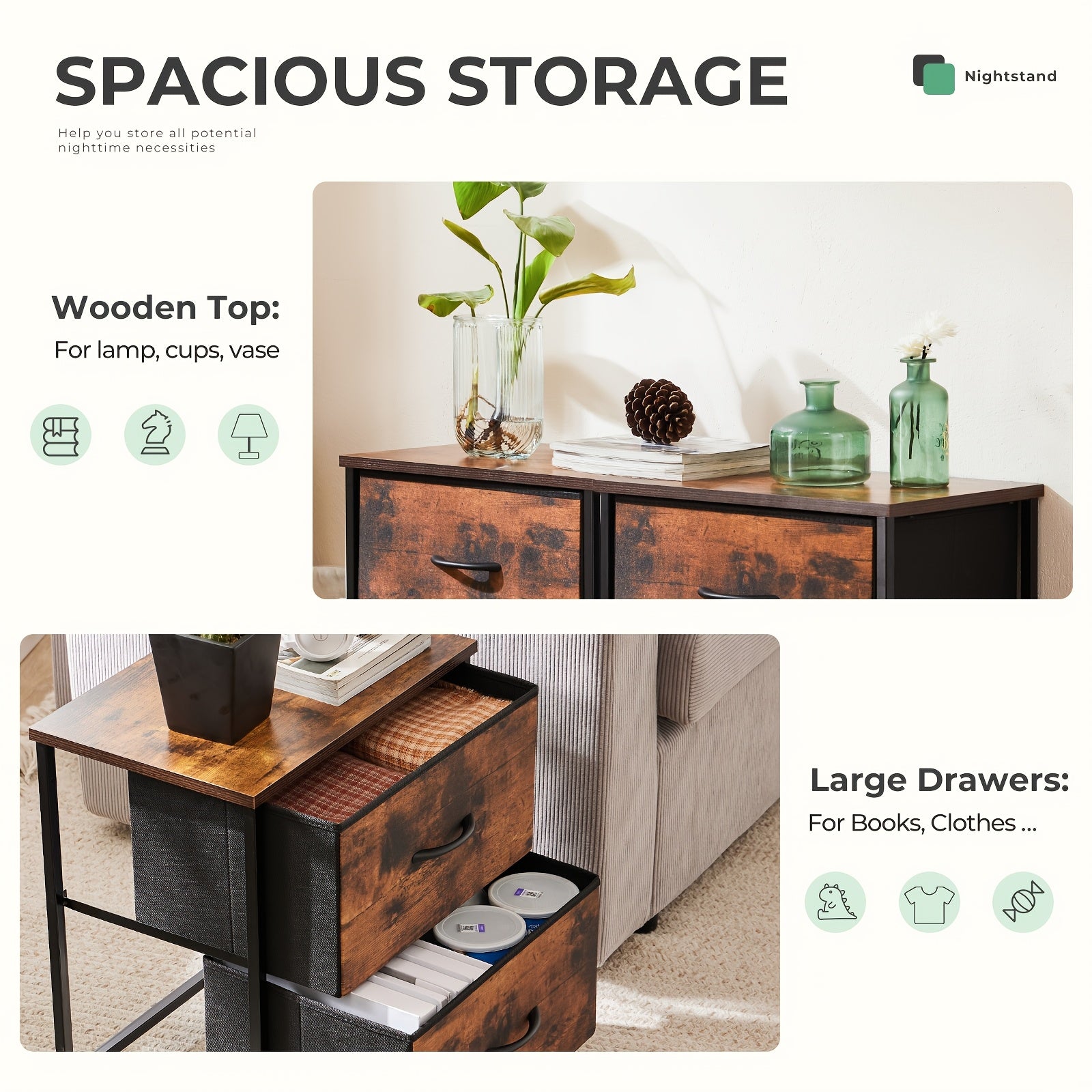 2-Drawer Storage Nightstand - 20" Wooden End Table Set