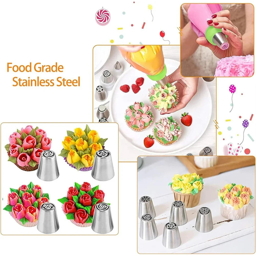 27PCS Professional Stainless Steel Russian Piping Nozzles Set - for Cake, Marshmallow & Pastry Decorating with 10 Disposable Bags