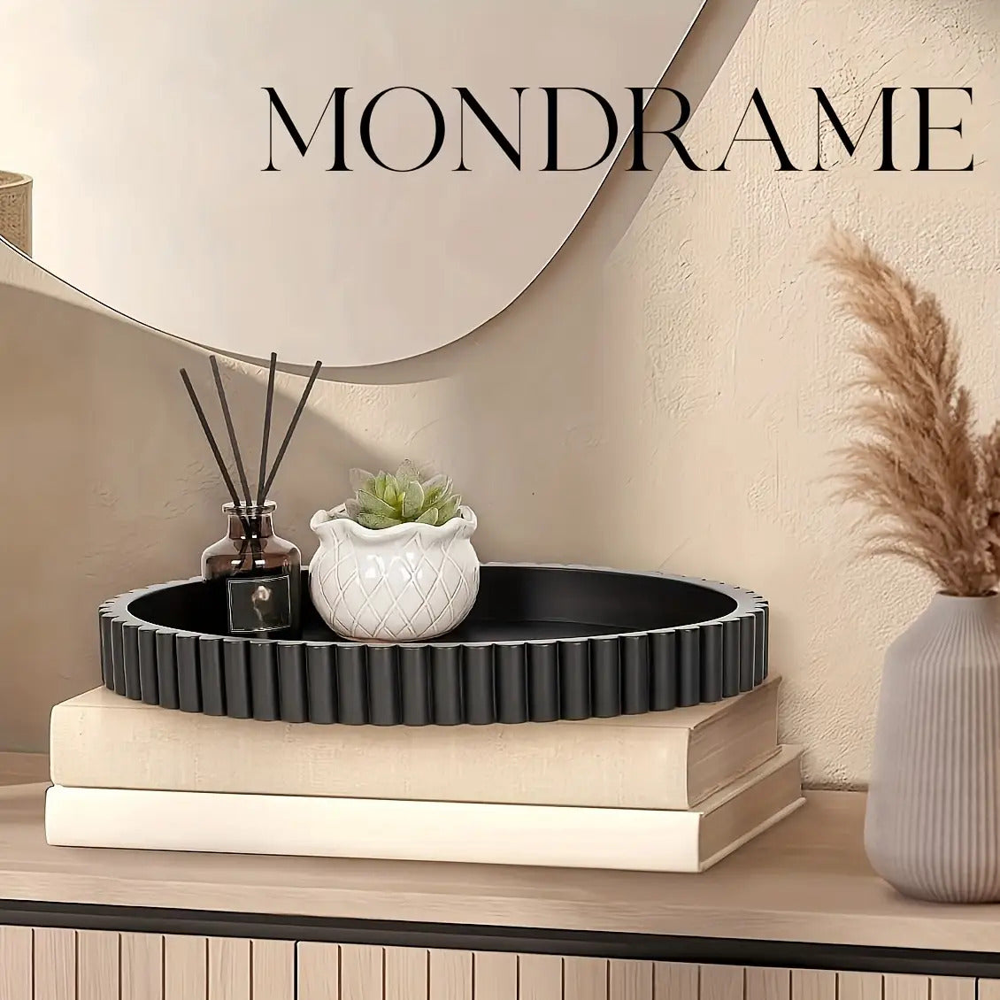 Boho Round Wood Decorative Tray - Multipurpose Coffee Table Centerpiece & Jewelry Organizer - Solid Pattern Design with Powder Coated Finish