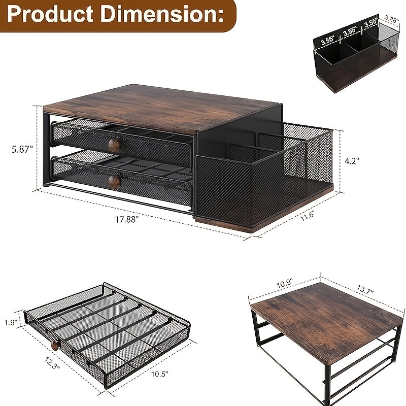 Black Wood & Iron K-Cup Holder with Double Storage Drawers - Coffee Station Organizer Rack for Capsules & Accessories