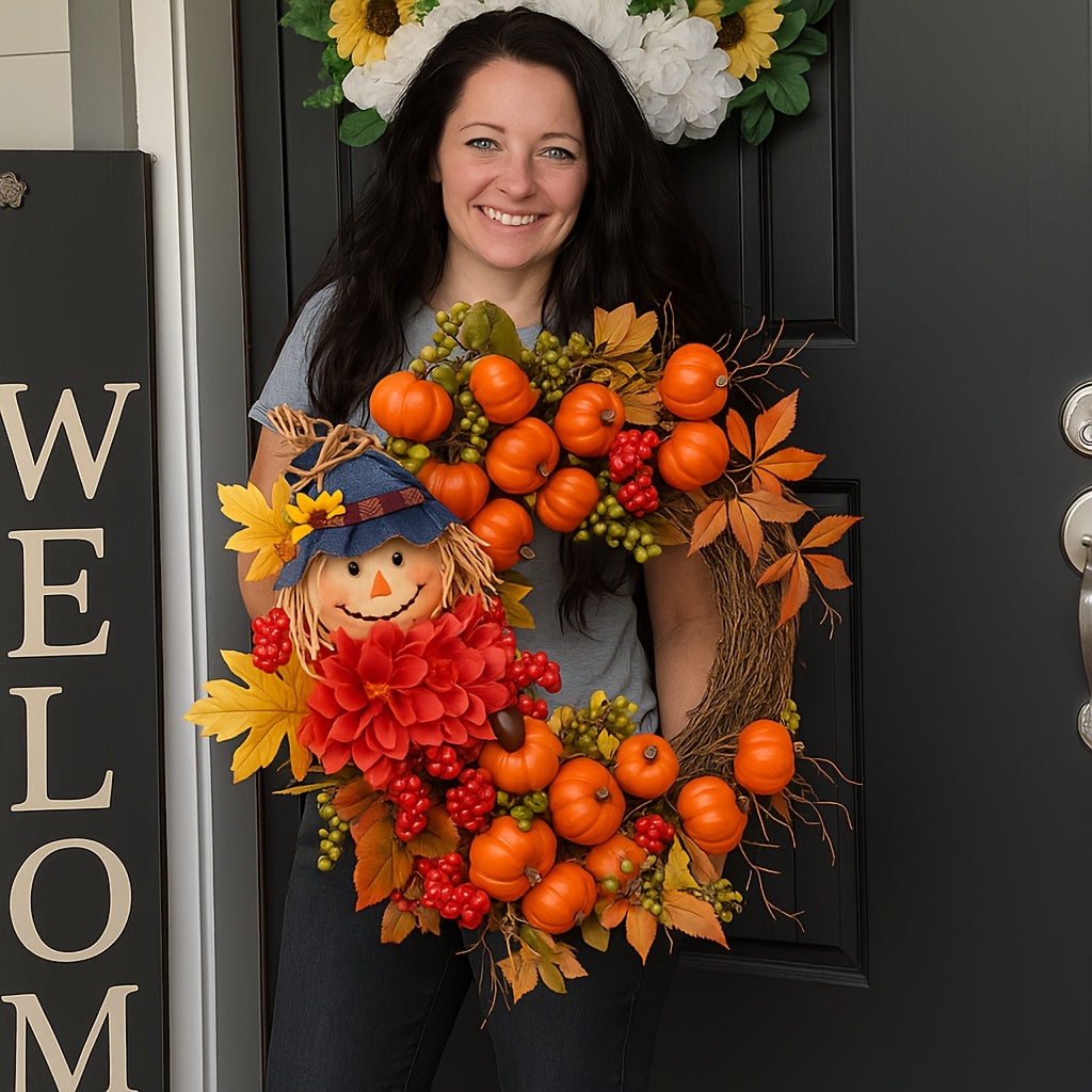 Fall Door Wreath with Pumpkin & Scarecrow - Thanksgiving Harvest Decoration