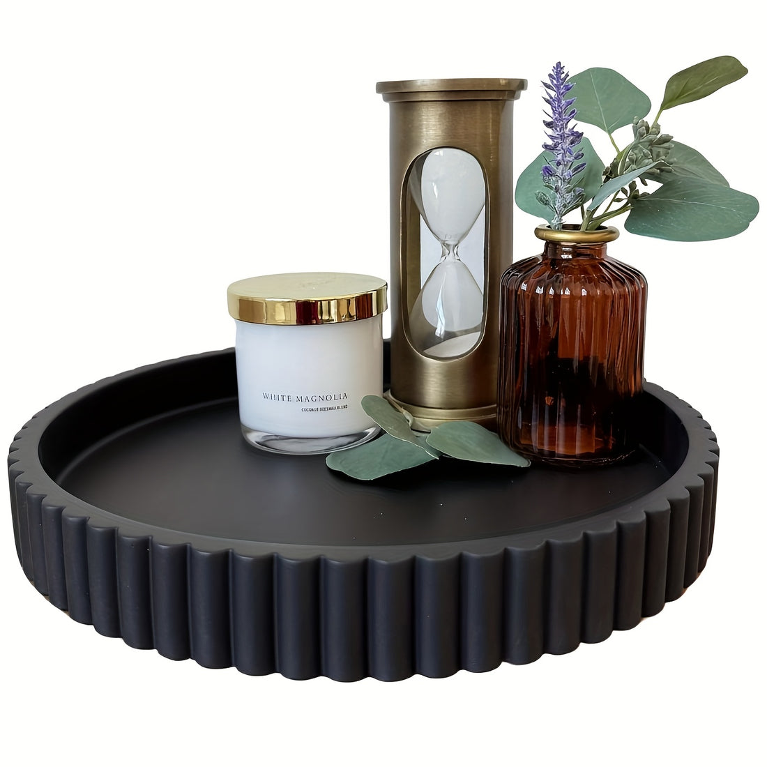 Round boho wood decorative tray with solid pattern design on coffee table centerpiece