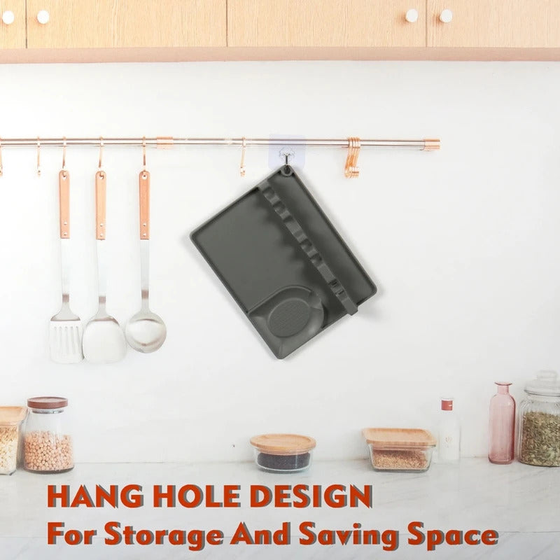 2-in-1 Silicone Spoon Holder with Drip Pad - 5-Slot Utensil Rest for Stove Top, Anti-Drip & Space-Saving Design