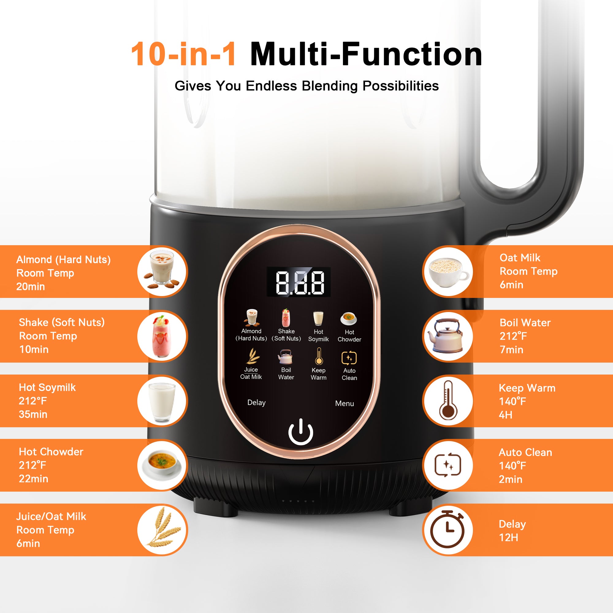 50oz Nut Milk Maker 10 in 1 Automatic Plant Based Almond Milk Maker with Delay Start Boil Water Keep Warm Auto Clean