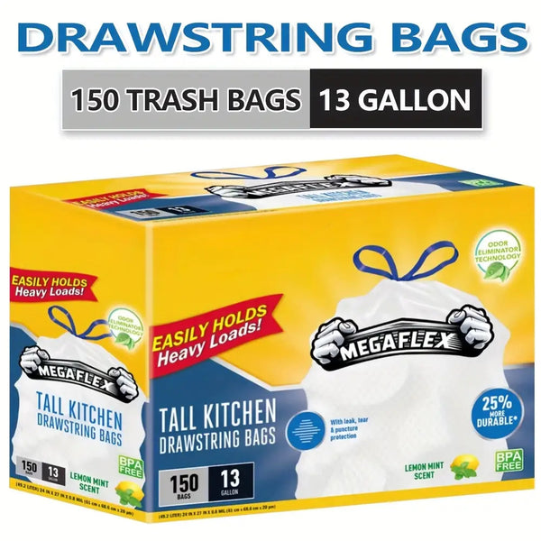 150pcs 13-gallon lemon mint scented drawstring garbage bags