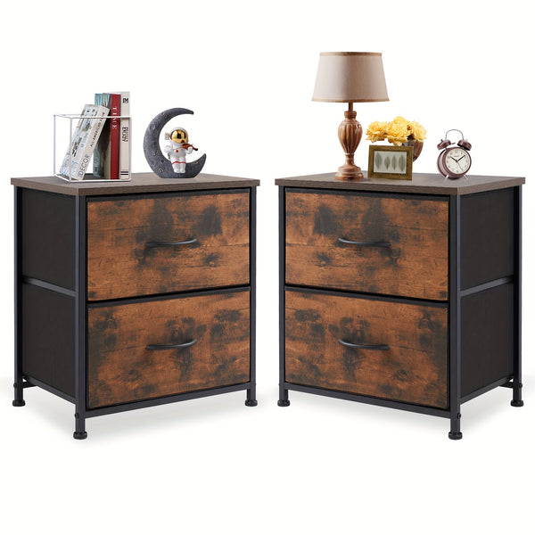 2-drawer storage nightstand with wooden top and fabric drawers for bedroom