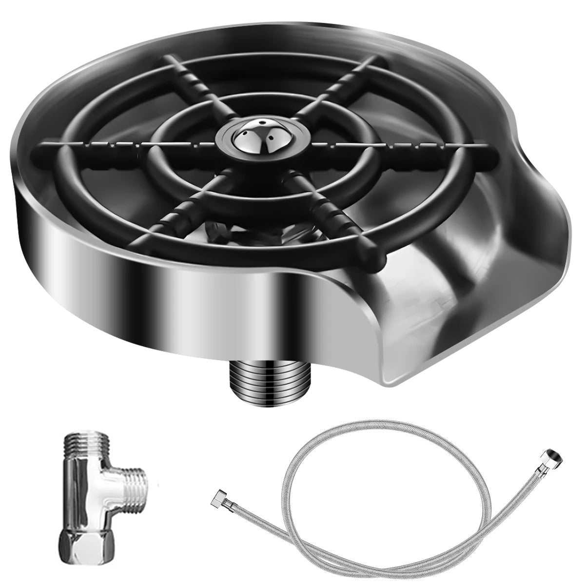 Stainless Steel Automatic Faucet Glass Rinser - Bottle Washer with Tee Connector & Water Pipe, Ideal Coffee Cup Cleaner