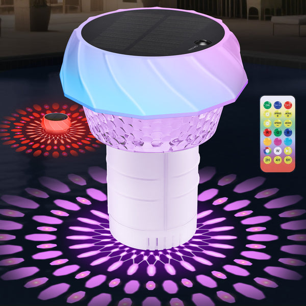 Solar Pool Chlorine Floater with Remote Control 7 Colorful Lights 4 Light Mode 3 Timer Adjustable 3 Inch Tablet Release