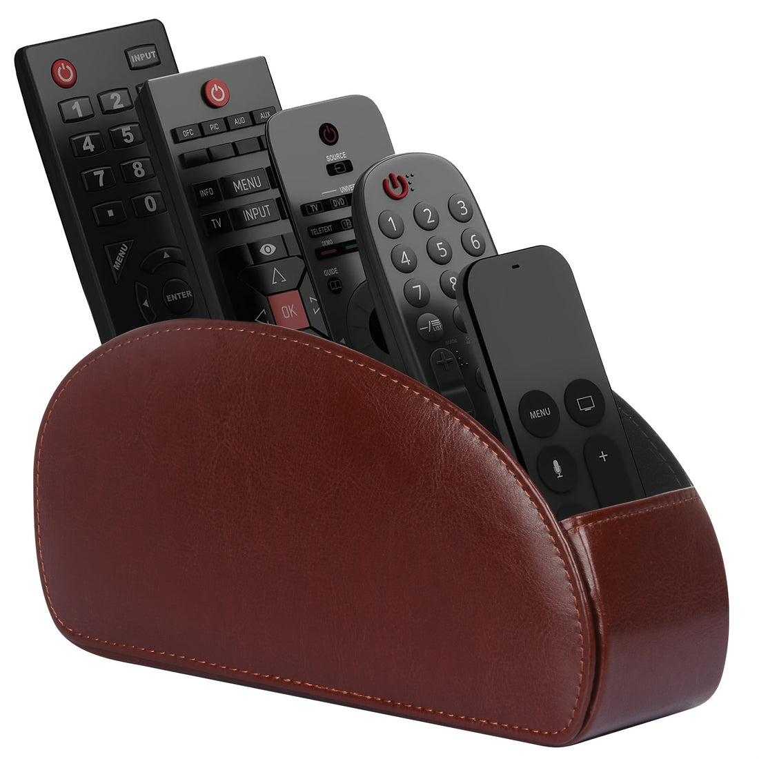Black faux leather remote control holder with 5 compartments for TV and media remotes