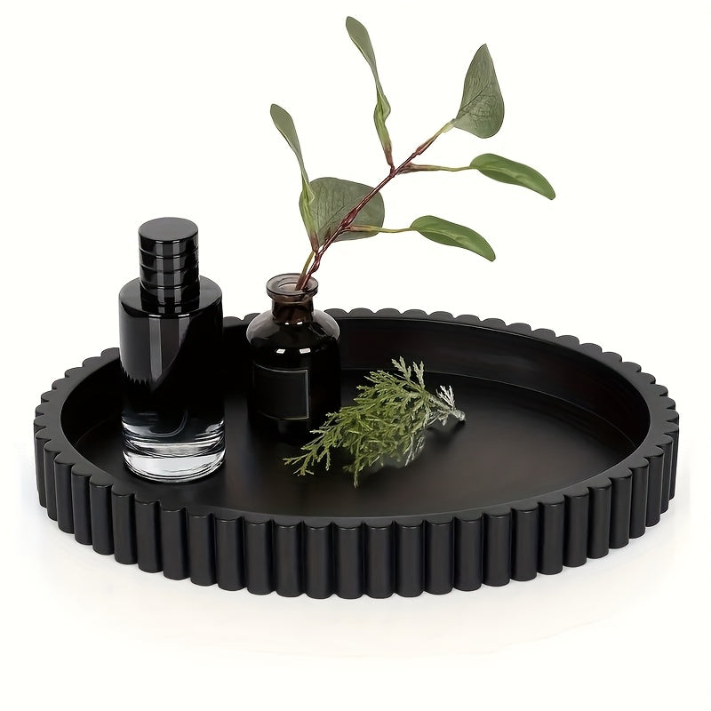 Boho Round Wood Decorative Tray - Multipurpose Coffee Table Centerpiece & Jewelry Organizer - Solid Pattern Design with Powder Coated Finish