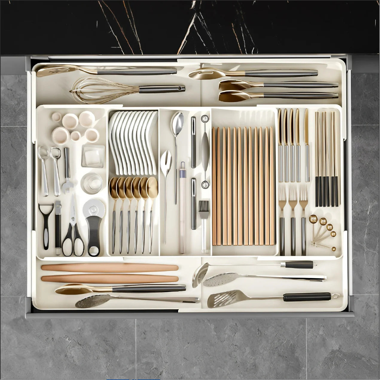 Versatile Adjustable Organizer Set - Multi-Space Storage Solution for Desk, Kitchen, Coffee Bar & Office