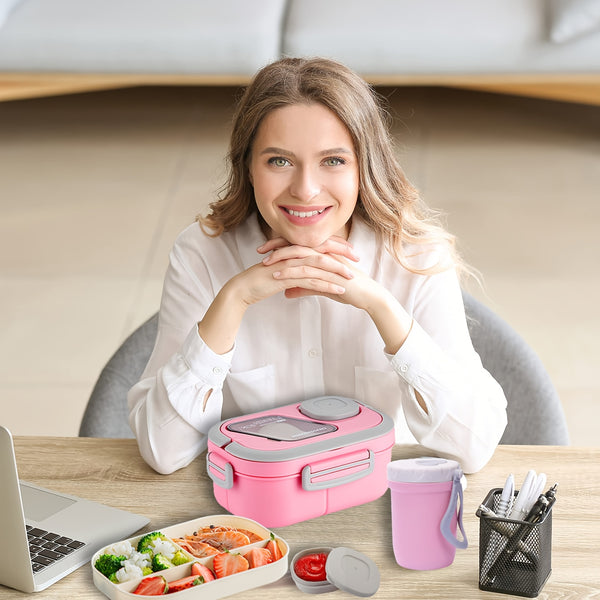 Complete 2-layer bento box set with cup, insulated bag, cutlery and sauce containers