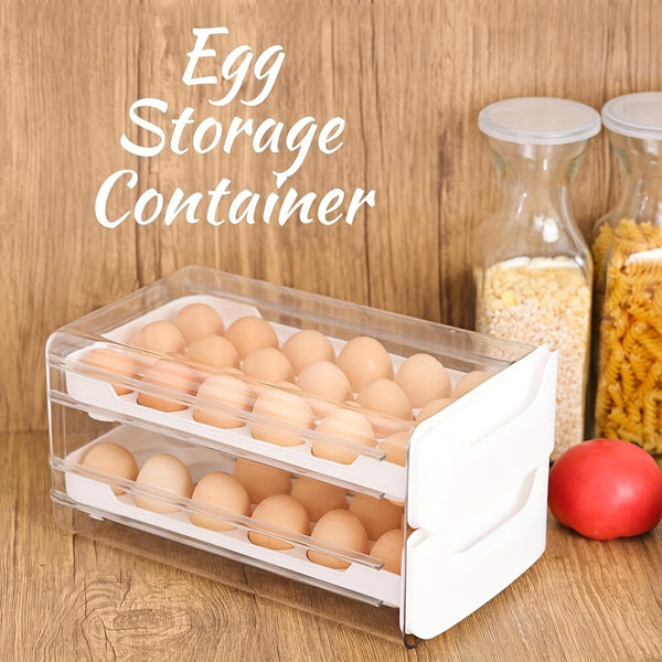 2-layer stackable clear plastic egg holder with handles storing 36 eggs in refrigerator