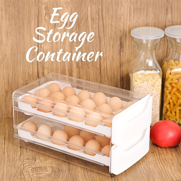 2-layer stackable clear plastic egg holder with handles storing 36 eggs in refrigerator