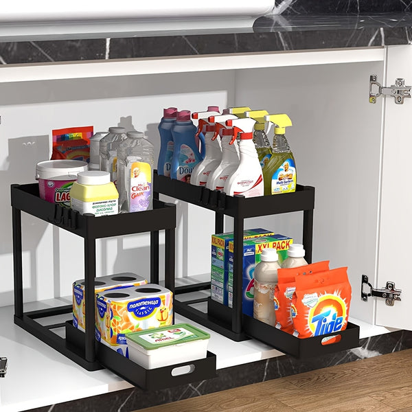 2-tier under sink organizer 2-pack with sliding basket drawers installed in kitchen cabinet