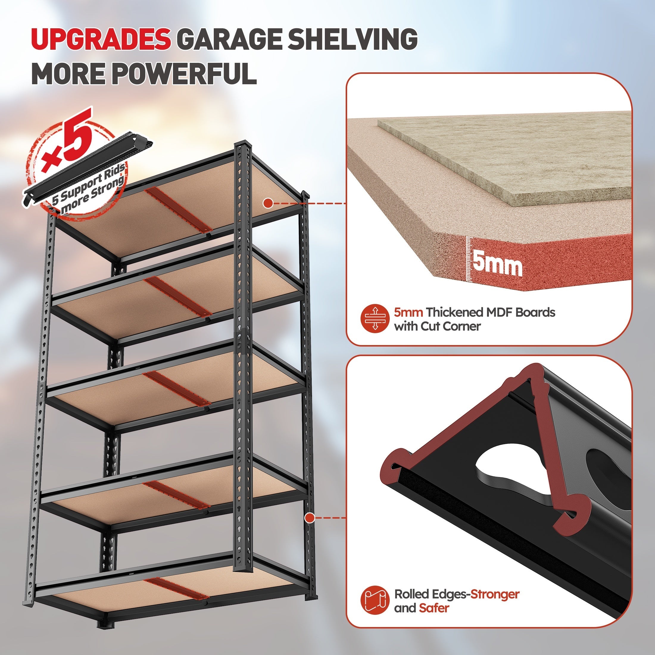 Heavy-Duty 5-Tier Metal Shelving Unit – Adjustable Garage Storage Rack, 2000 lbs Capacity, Black