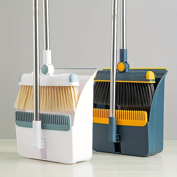 Premium Broom and Dustpan Set - Foldable Stainless Steel Handle with Soft Bristles