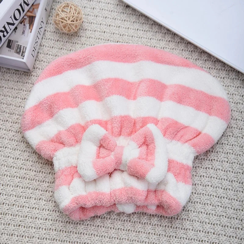 Quick-Dry Super Absorbent Hair Towel Cap for Women - Striped Pattern Fast Drying Hair Bonnet & Shower Accessory