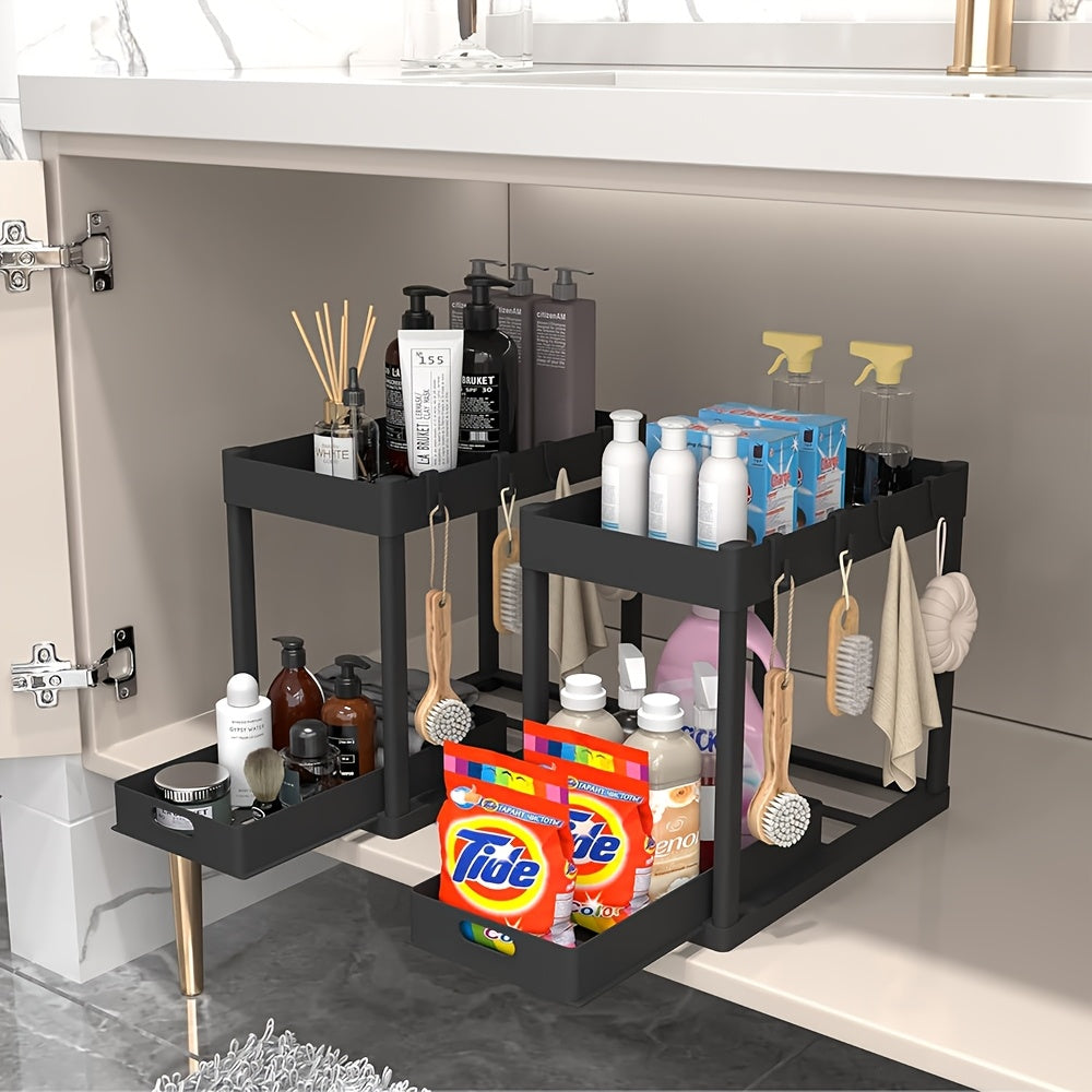 2-Tier Under Sink Organizer 2-Pack - Multi-Purpose Sliding Cabinet Basket Drawers with 8 Hooks for Kitchen & Bathroom Storage