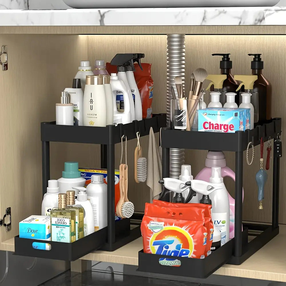 2-Tier Under Sink Organizer 2-Pack - Multi-Purpose Sliding Cabinet Basket Drawers with 8 Hooks for Kitchen & Bathroom Storage