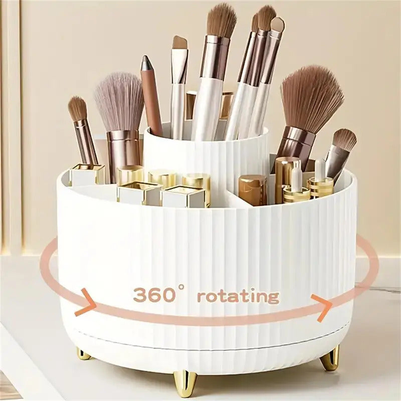 360 degree rotating makeup organizer with 5 compartments showing cosmetic storage