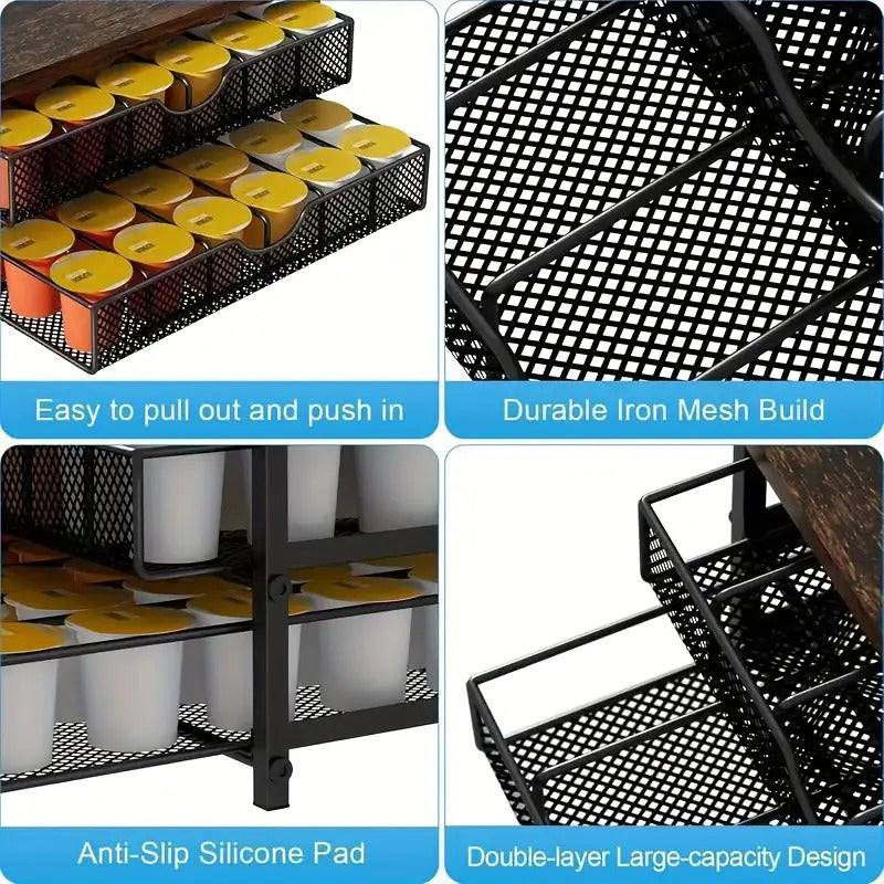 Black Wood & Iron K-Cup Holder with Double Storage Drawers - Coffee Station Organizer Rack for Capsules & Accessories