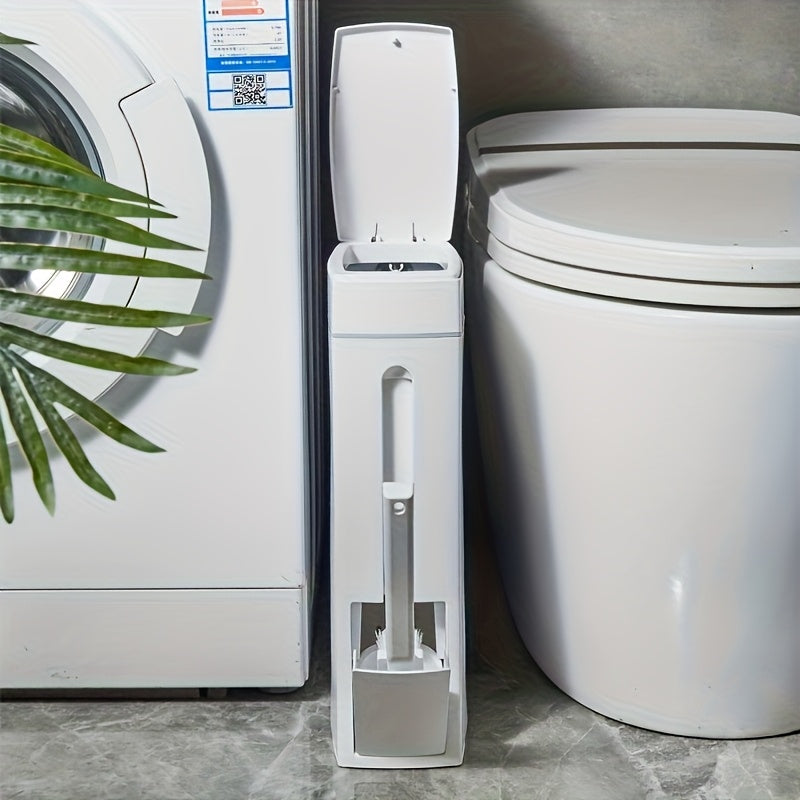 Space-Saving Bathroom Trash Can with Press-to-Open Lid & Integrated Toilet Brush Holder – Modern, Durable, No-Drill Installation
