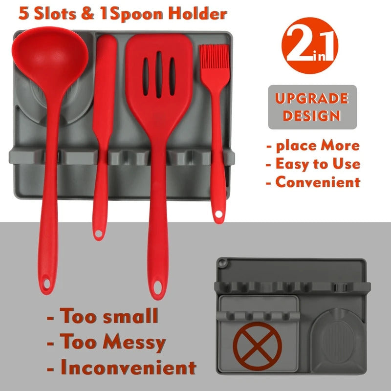 2-in-1 Silicone Spoon Holder with Drip Pad - 5-Slot Utensil Rest for Stove Top, Anti-Drip & Space-Saving Design