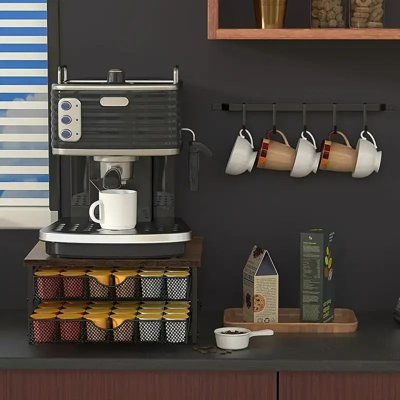 Black Wood & Iron K-Cup Holder with Double Storage Drawers - Coffee Station Organizer Rack for Capsules & Accessories