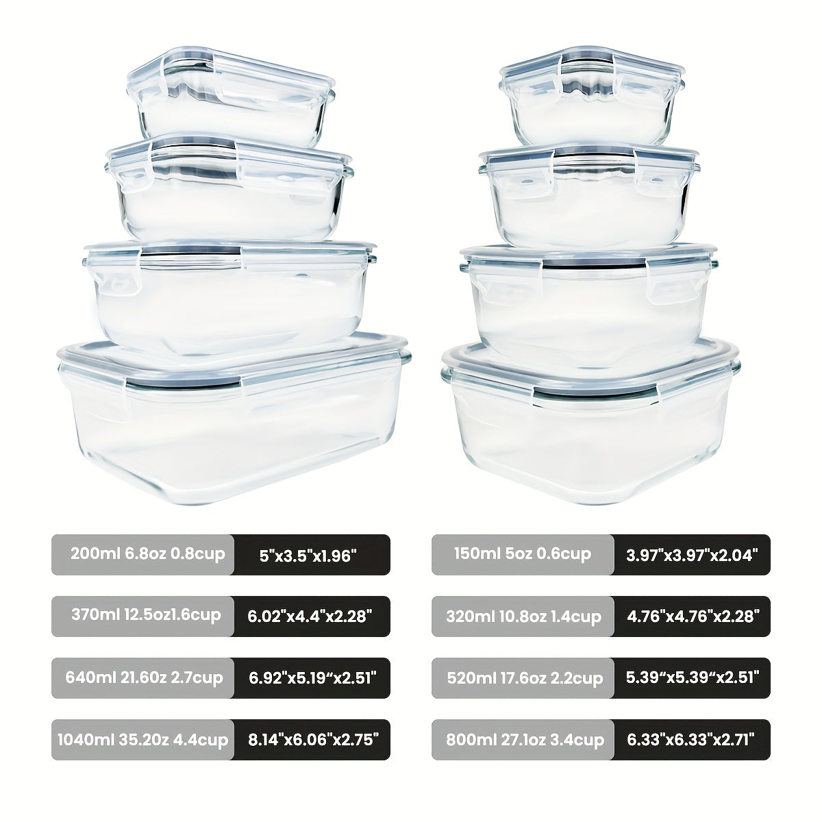 8-Pack Premium Glass Food Storage Containers with Airtight Lids – Leak-Proof, Microwave, Oven, Freezer & Dishwasher Safe – BPA-Free, Stain-Resistant, Easy to Clean – Ideal for Meal Prep & Bento Lunch