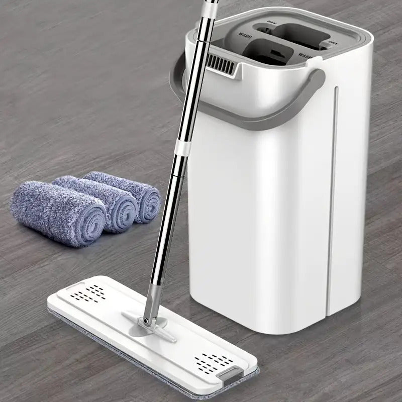 Hands-Free Flat Mop with Bucket - Self-Wringing Wet & Dry Floor Cleaner for Home