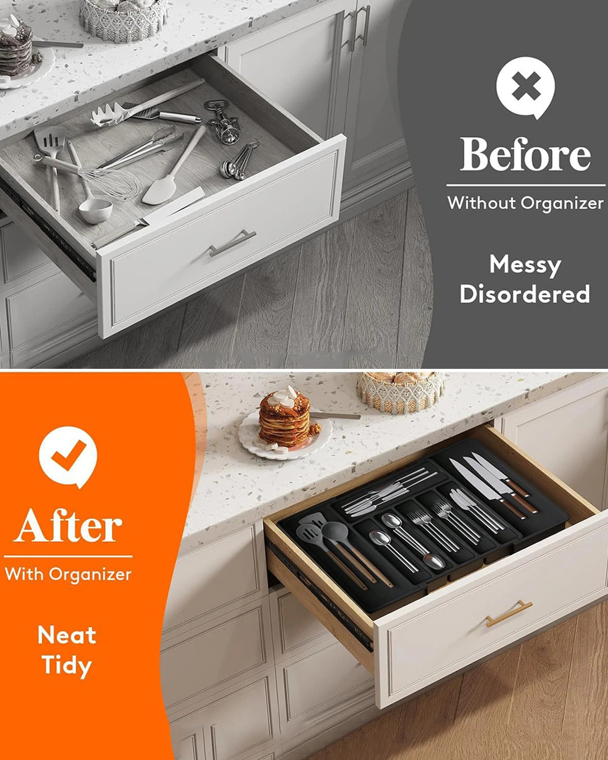 Adjustable Silverware Drawer Organizer - Expandable Utensil Tray for Kitchen Flatware Storage
