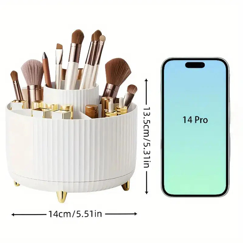 360 degree rotating makeup organizer with 5 compartments showing cosmetic storage