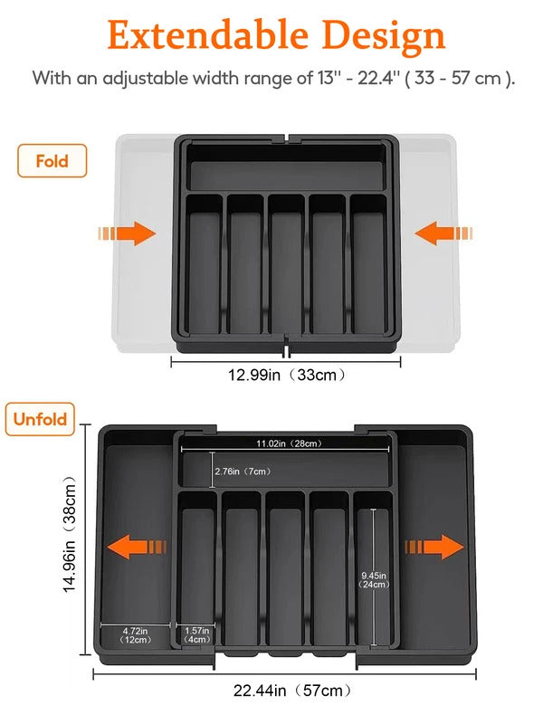 Adjustable silverware drawer organizer showing expandable design with compartments for forks knives and spoons