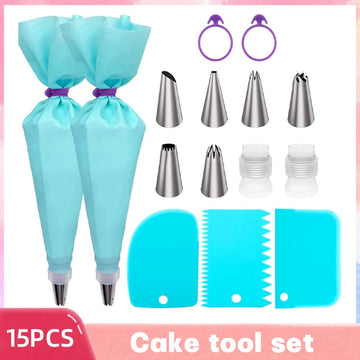 15-Piece Professional Silicone & Stainless Steel Cake Decorating Set - Icing Nozzles & Bags