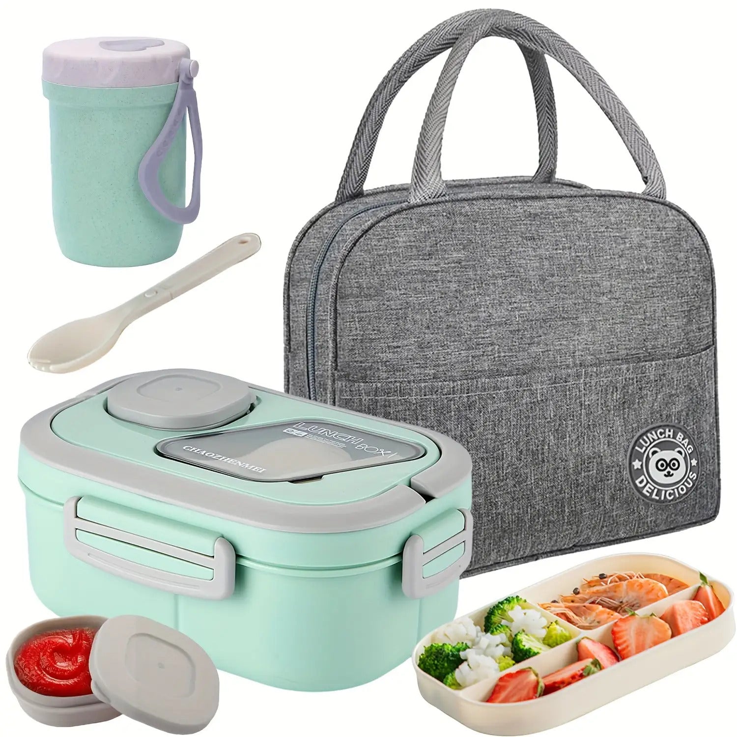 2-Layer Bento Box Complete Set with Cup, Bag & Cutlery - Premium Lunch Box with Multi-Compartments & Sauce Container for Work & Travel