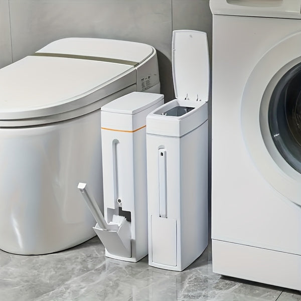 Modern space-saving bathroom trash can with press-to-open lid